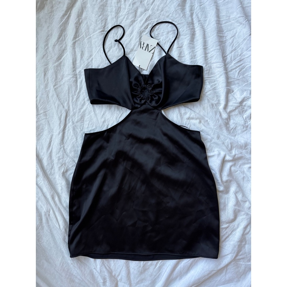 Zara Satin Cut-Out Mini Dress Black Rosette Detail Party Cocktail Size S NWT